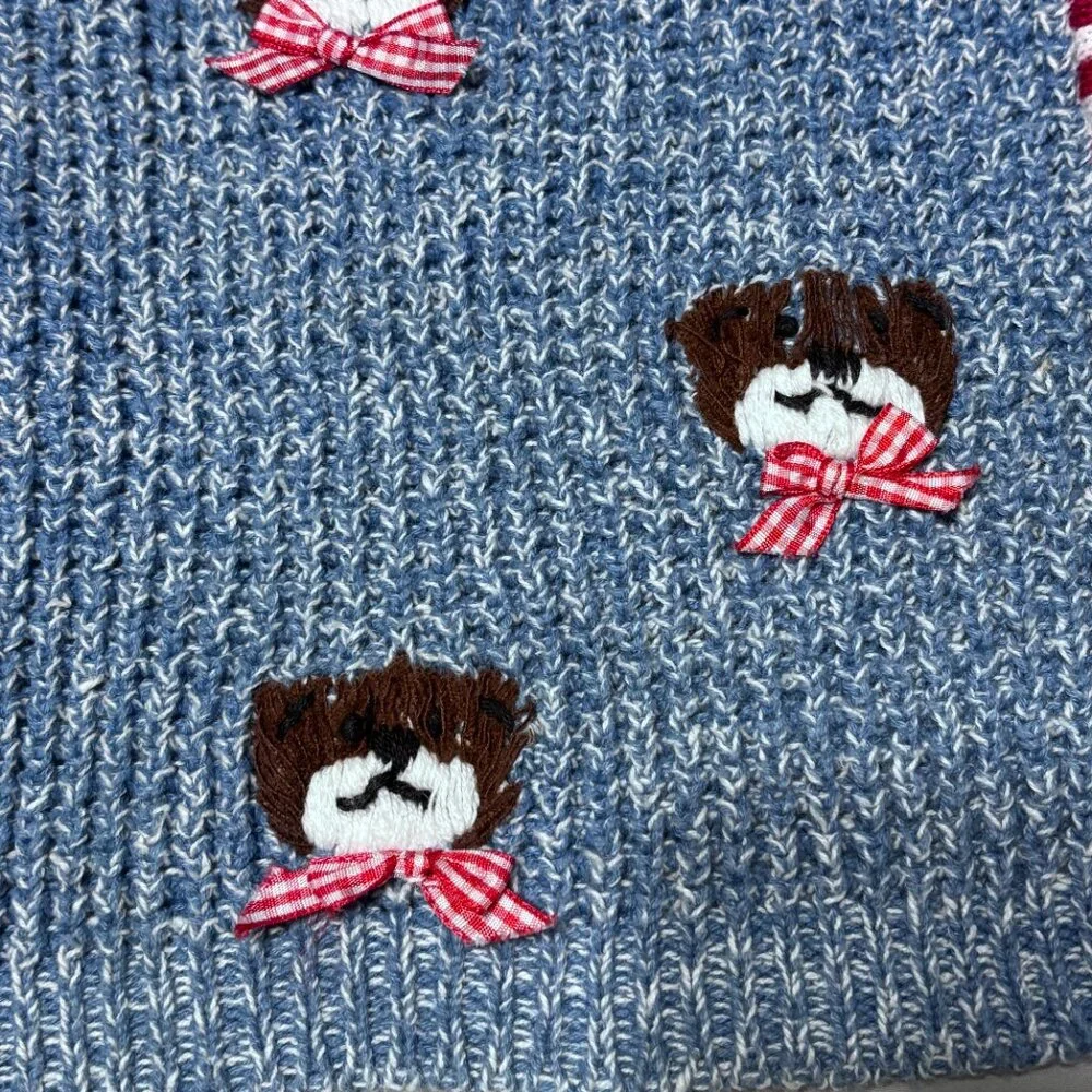 Vintage Capacity Teddy Bear‎ Sweater Vest Large Blue Knit Red Gingham Bow Ramie